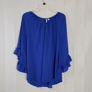 Dramatic flutter sleeve Blue Women's tunic Top. Size large.